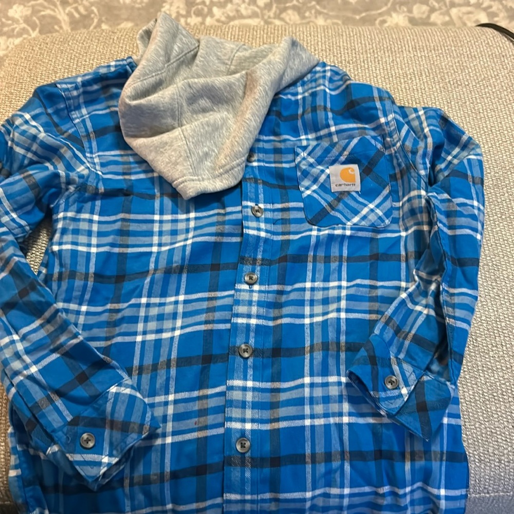 Boys plaid hooded carhart button up shirt